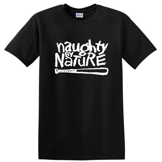 Naughty by Nature logo in distressed white graffiti-style lettering on a Black T Shirt