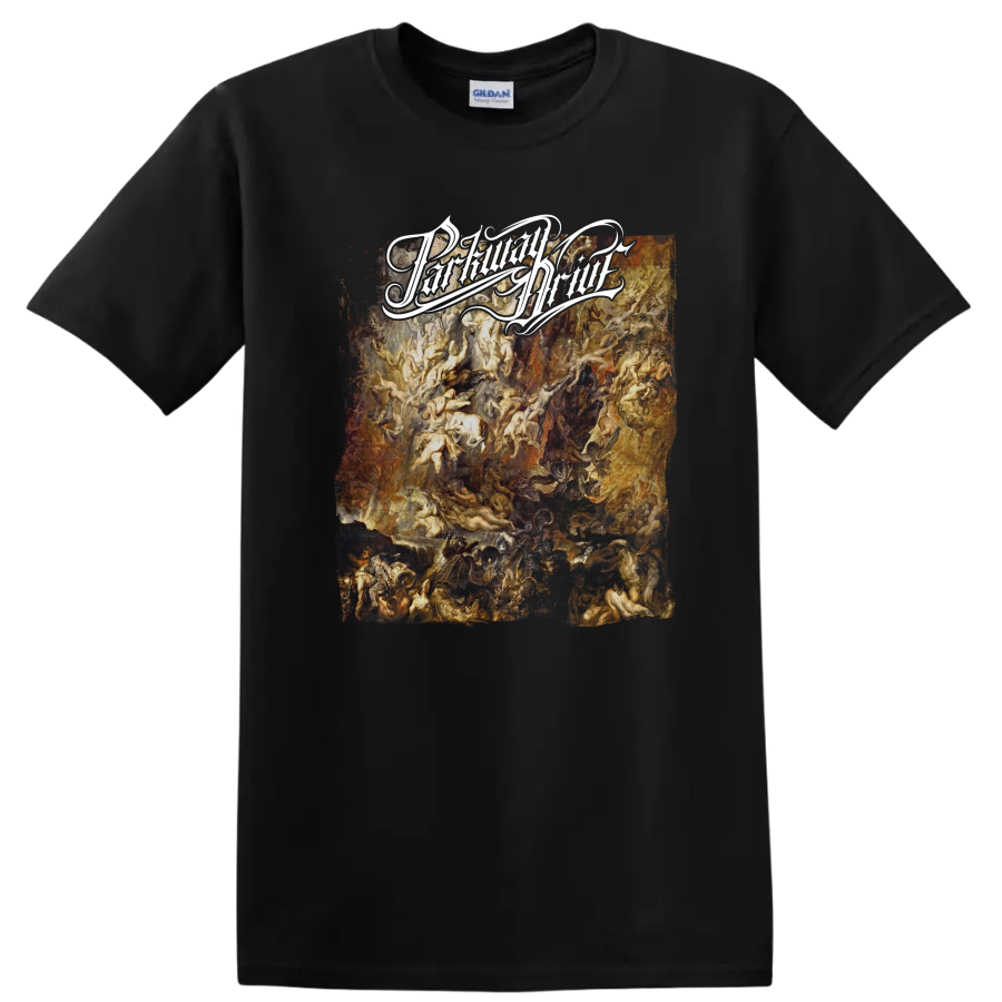 Parkway Drive distressed white script over fiery orange and red grunge artwork on a Black T Shirt