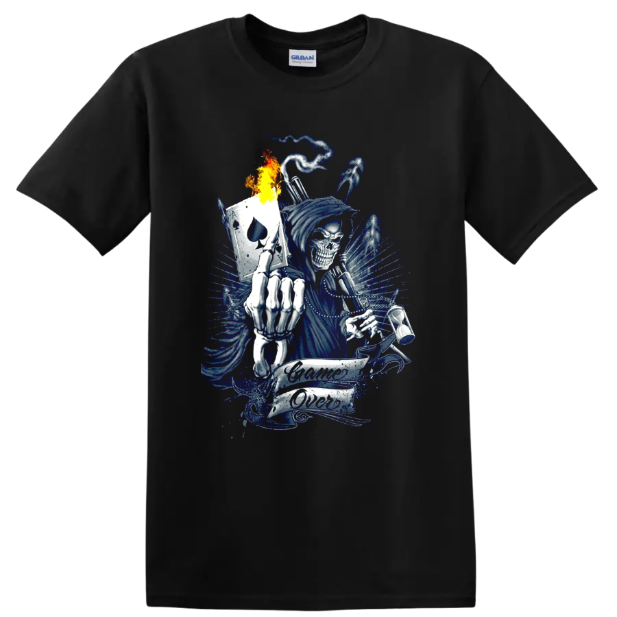 Blue grim reaper skull with flaming spade card and Game Over banner on a Black T Shirt
