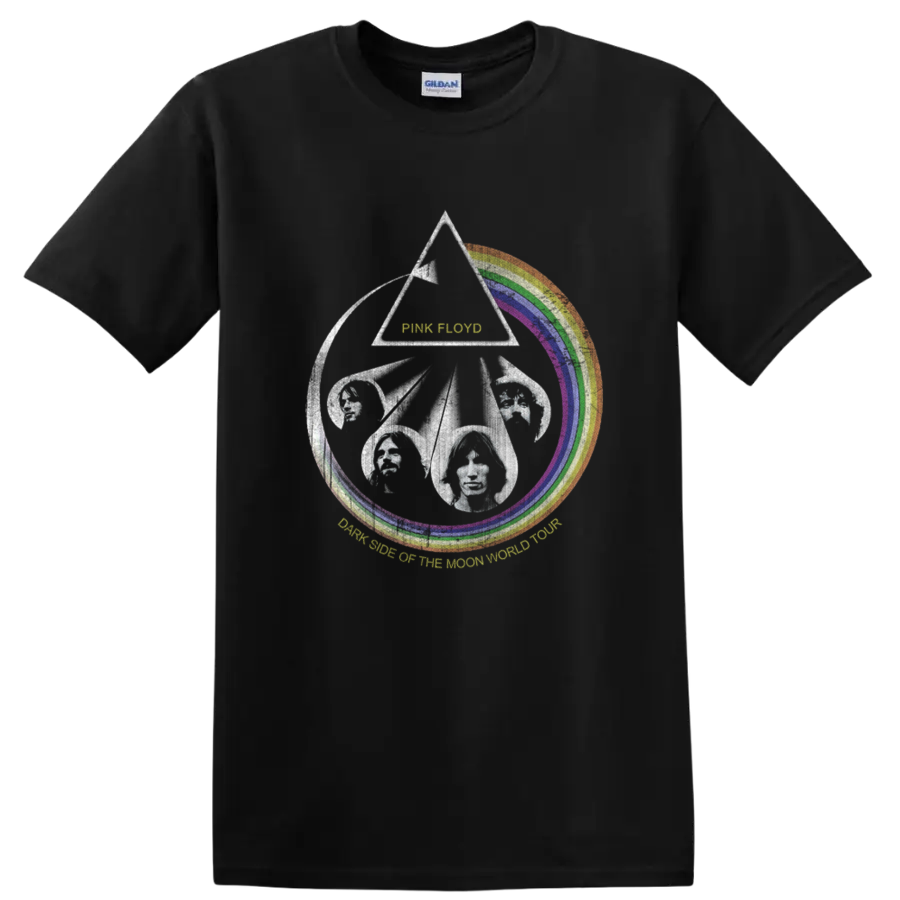 Pink Floyd Dark Side of the Moon prism, rainbow arc, and flying pig graphic on a Black T Shirt