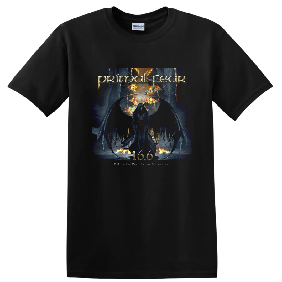 Primal Fear skull warrior graphic with blue flames, orange fire, and metal artwork on a Black T Shirt