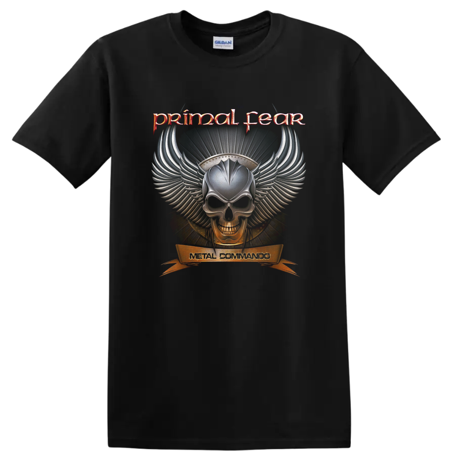 Primal Fear Metal Commando winged skull with fiery gothic heavy metal artwork on a Black T Shirt