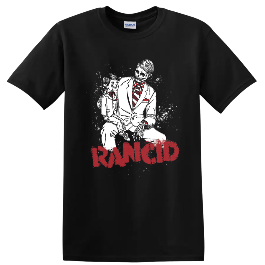 Rancid distressed red logo with gritty black-and-white punk performance artwork on a Black T Shirt