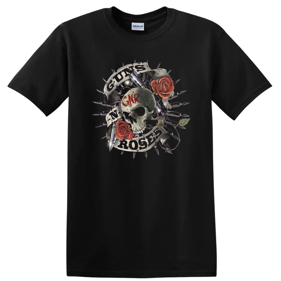 Guns N' Roses skull and red roses graphic with GNR lettering and distressed rays on a Black T Shirt
