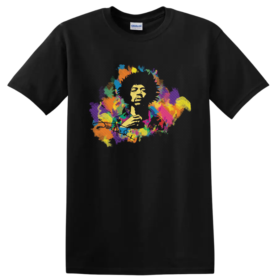 Jimi Hendrix psychedelic guitar portrait with colorful paint splashes on a Black T Shirt