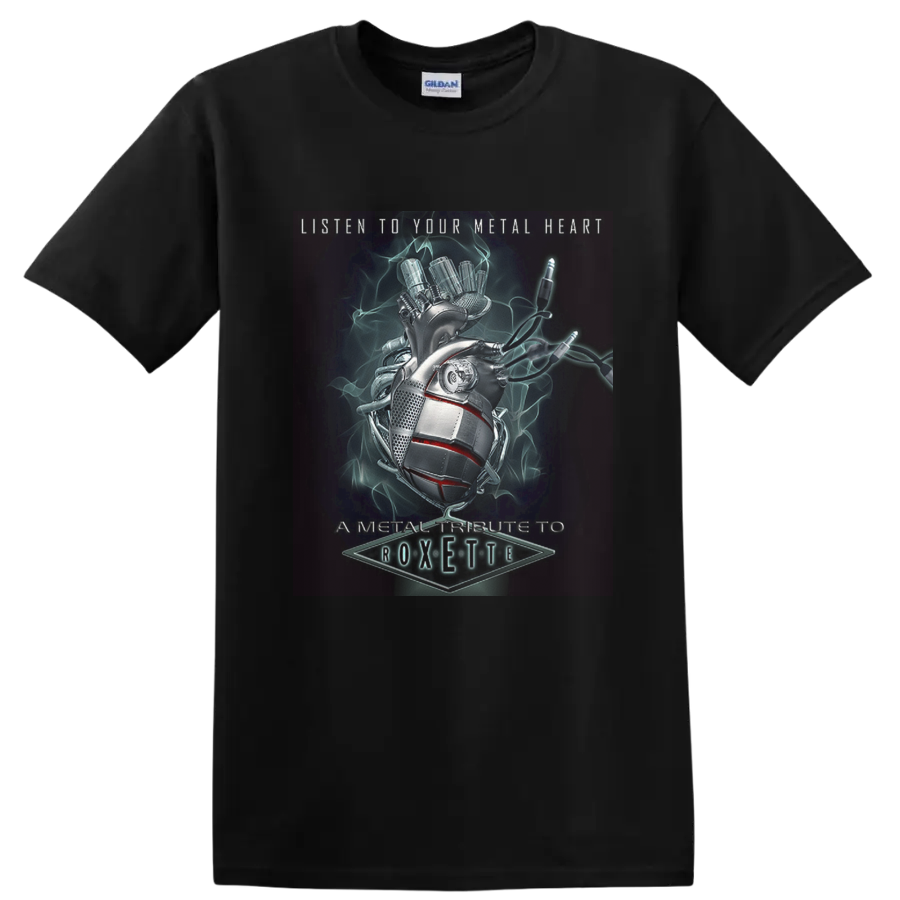 Roxette metal tribute with horns hand, microphone, neon smoke, and Metal Heart text on a Black T Shirt