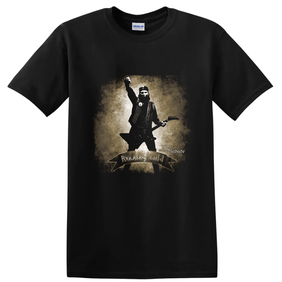 Running Wild distressed skeleton guitarist with Ride on the Wildside lettering on a Black T Shirt