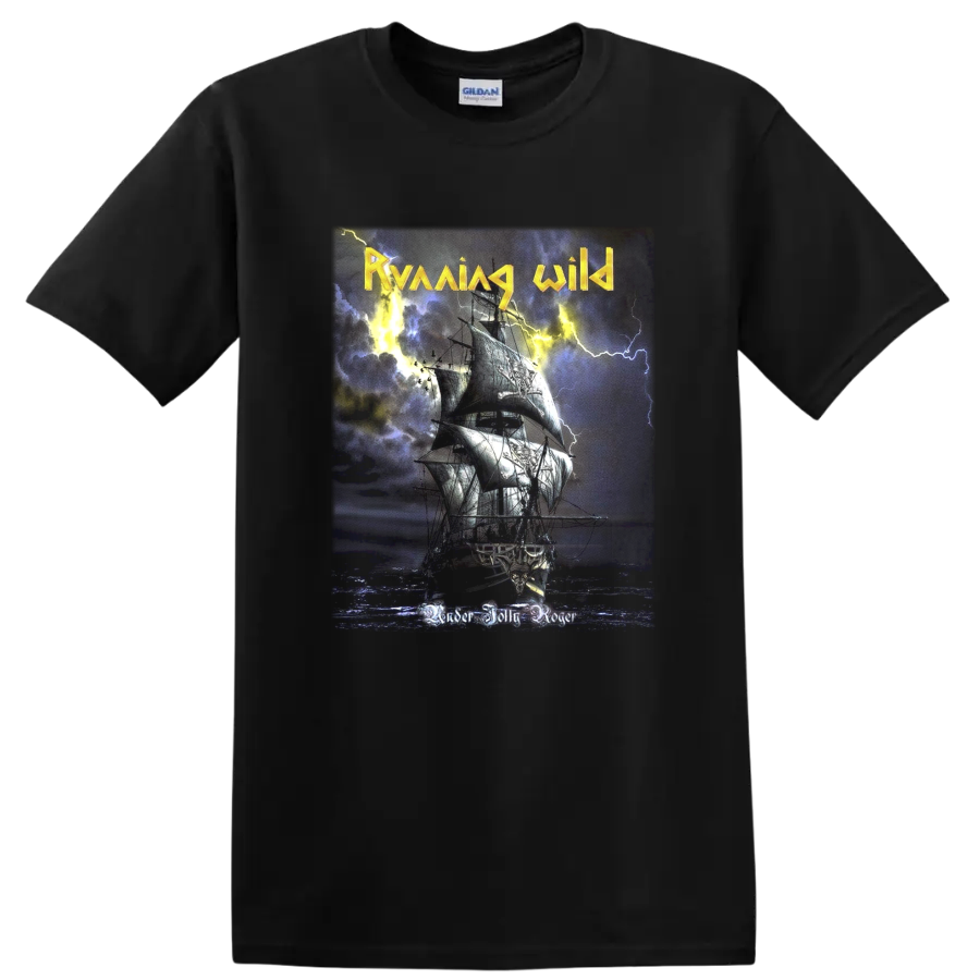 Running Wild Riding the Storm artwork with rider, horse, lightning, and distressed texture on a Black T Shirt