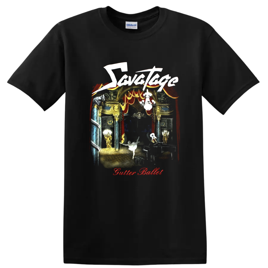 Savatage Gutter Ballet theatrical stage art with red curtains and ornate gold details on a Black T Shirt