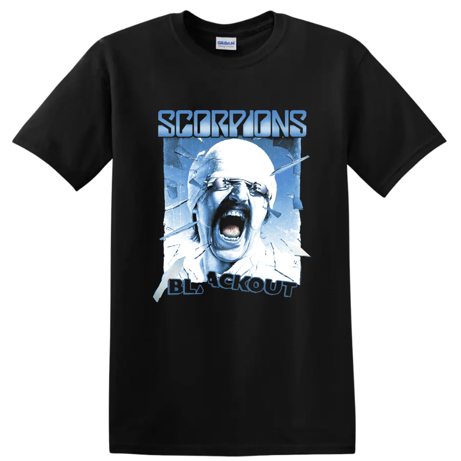 Scorpions Blackout screaming face with shattered glass in icy blue on a Black T Shirt