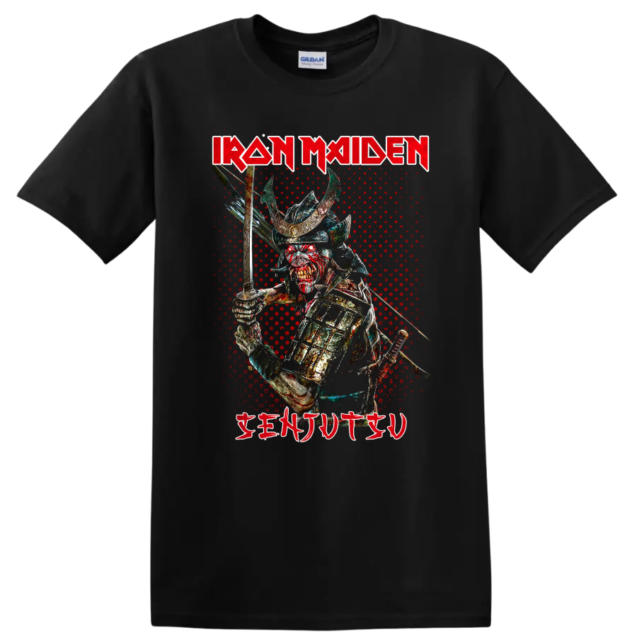 Iron Maiden Senjutsu Samurai Eddie sword warrior in distressed heavy metal horror art on a Black T Shirt
