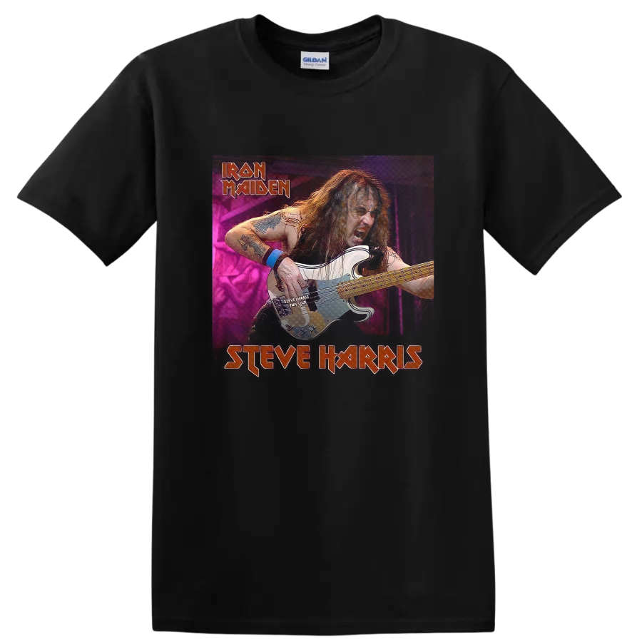 Steve Harris playing bass in a neon Iron Maiden Running Free Live-inspired graphic on a Black T Shirt
