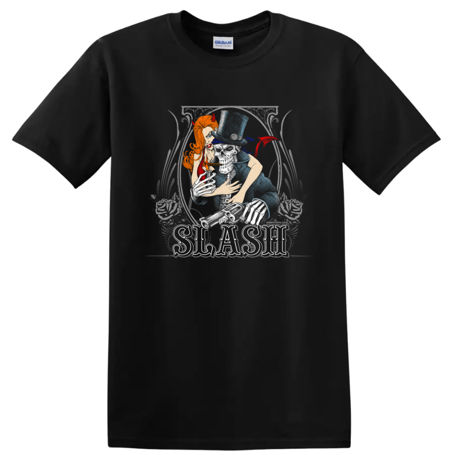 Slash guitarist portrait in top hat with devil horns and distressed rock poster style on a Black T Shirt