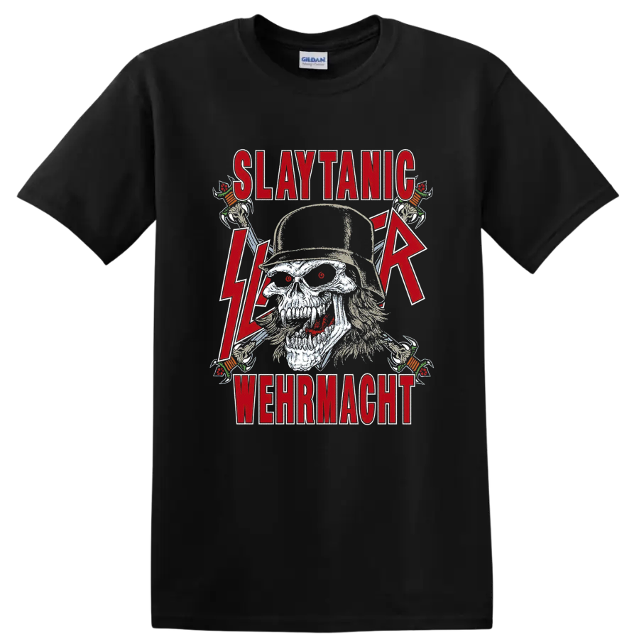 Slayer Slaytanic Wehrmacht skull graphic with red lettering and lightning bolts on a Black T Shirt