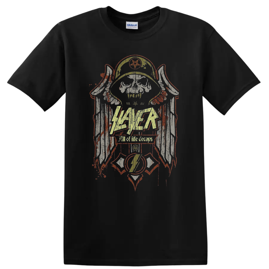 Slayer All Life Decays emblem with distressed skull and pentagram metal artwork on a Black T Shirt