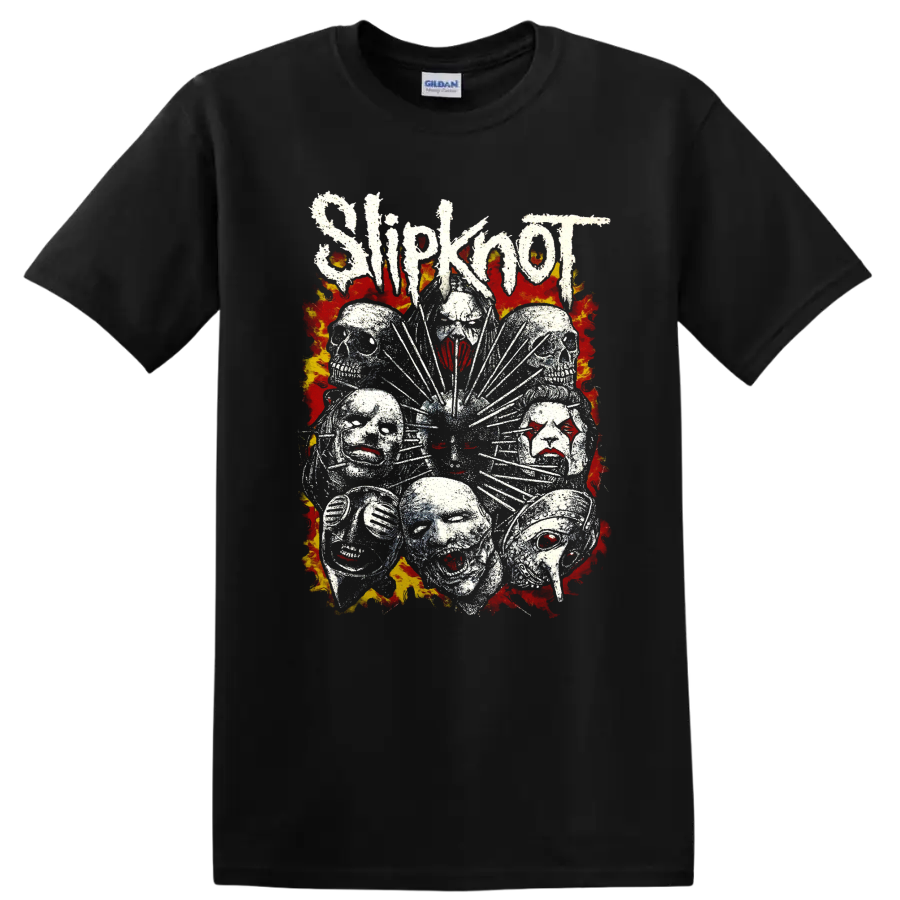 Distressed Slipknot mask cluster with jagged lettering and fiery flame artwork on a Black T Shirt