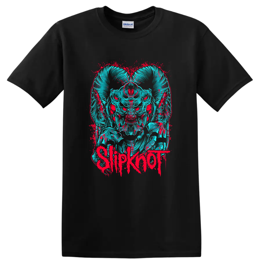 Slipknot horned skull mask in cyan and red distressed splatter art on a Black T Shirt