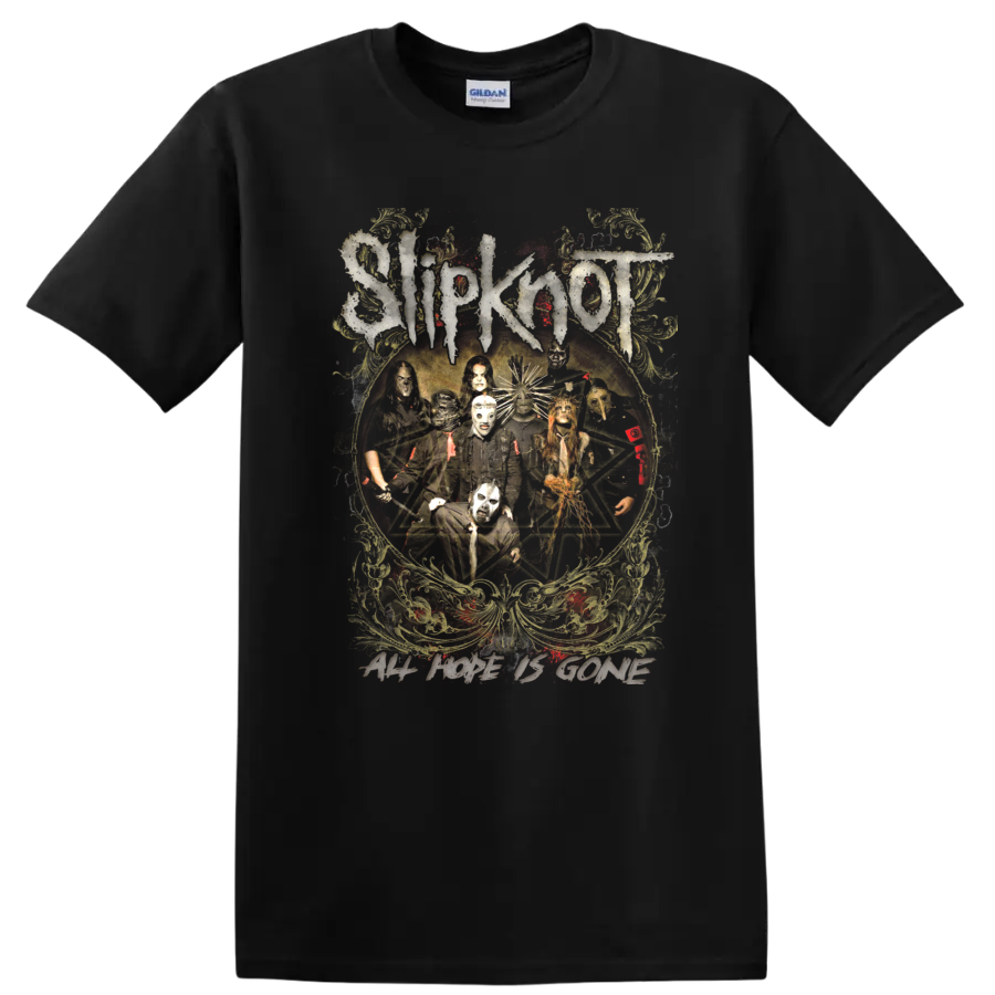 Slipknot masked band pentagram artwork with fiery distressed ornamental details on a Black T Shirt