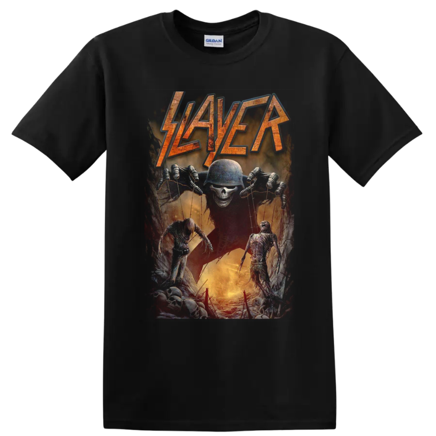 Distressed Slayer logo above a skull puppet master with skeletal horror figures on a Black T Shirt