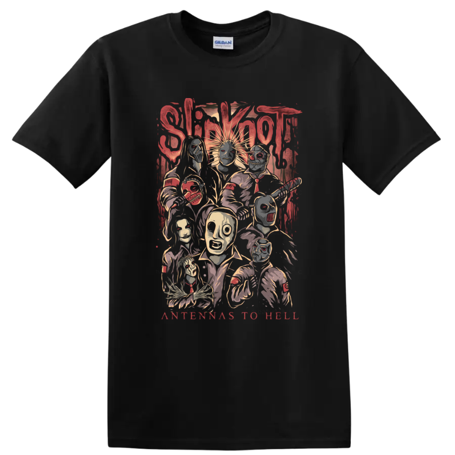 Slipknot Antennas to Hell masked band portrait collage in distressed horror style on a Black T Shirt