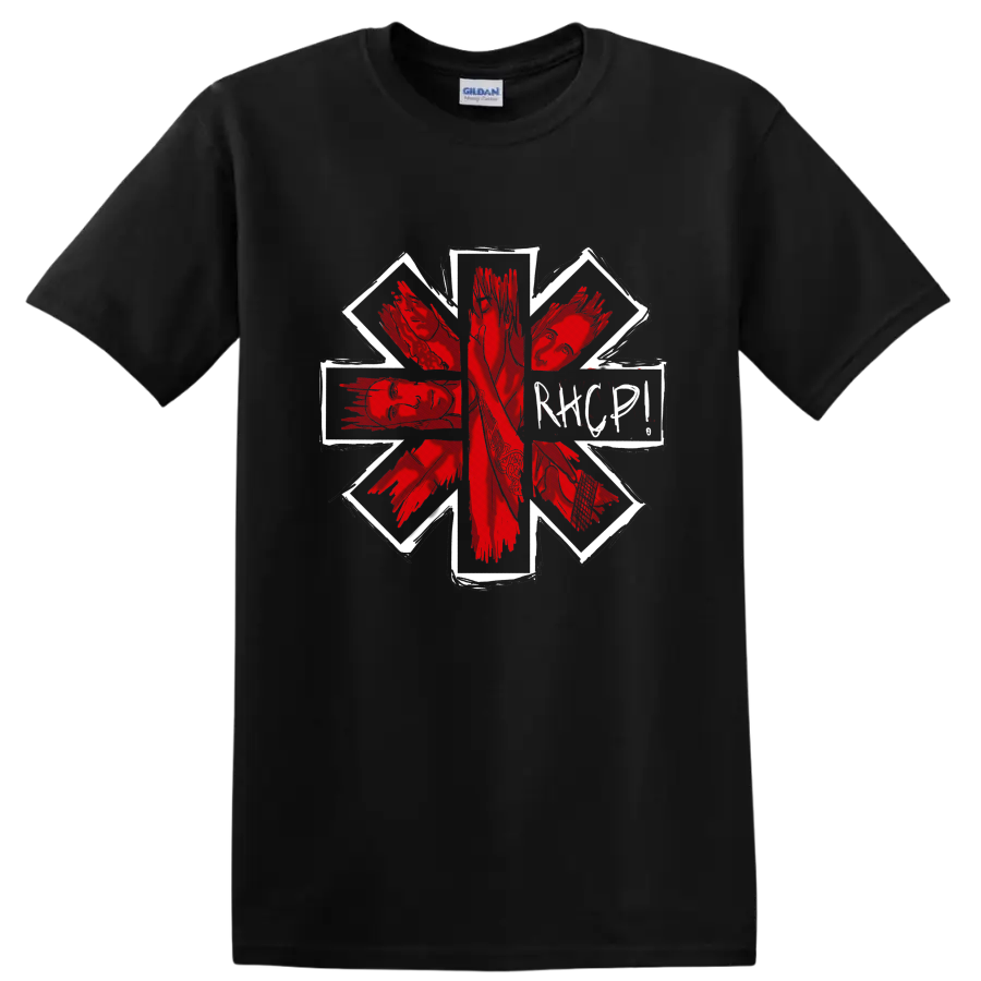 Lovejoy Second To One red hand collage with white geometric frame on a Black T Shirt