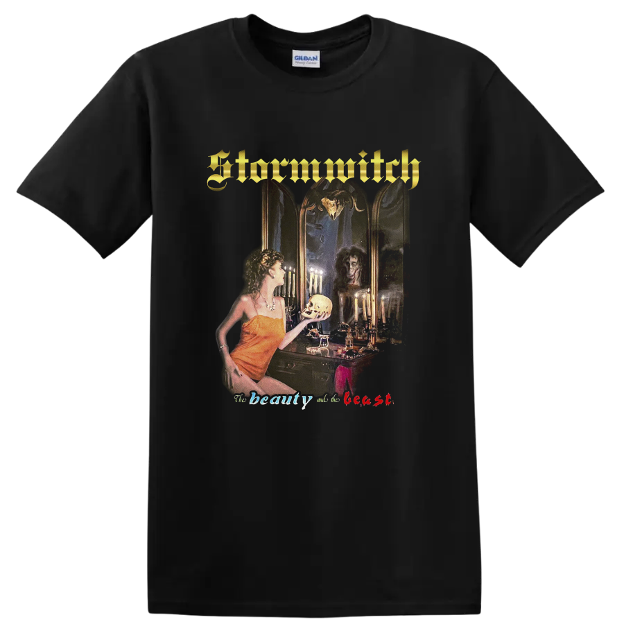 Stormwitch gothic fantasy artwork with woman, skull, candles, and ornate gold logo on a Black T Shirt