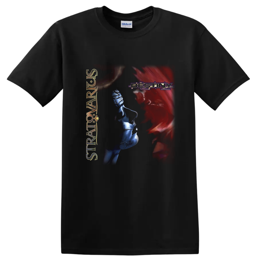 Stratovarius Destiny logo with red portrait silhouette and blue fantasy figure artwork on a Black T Shirt