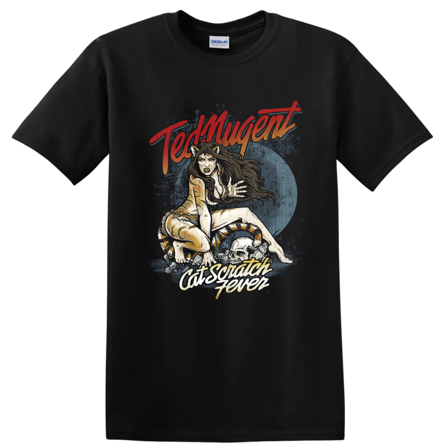 Ted Nugent Cat Scratch Fever retro illustration with wild cat and blue moon on a Black T Shirt
