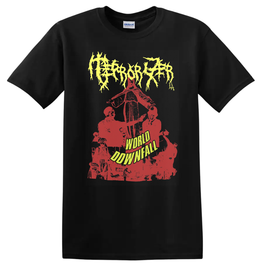 Terrorizer World Downfall distressed red collage with jagged yellow logo on a Black T Shirt