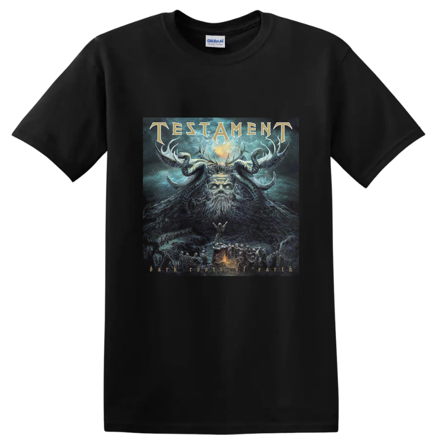 Testament Dark Roots of Earth horned figure artwork with gold band lettering on a Black T Shirt