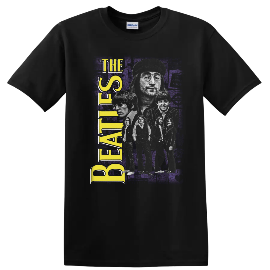 The Beatles white band silhouette with yellow lettering on distressed purple rock art on a Black T Shirt