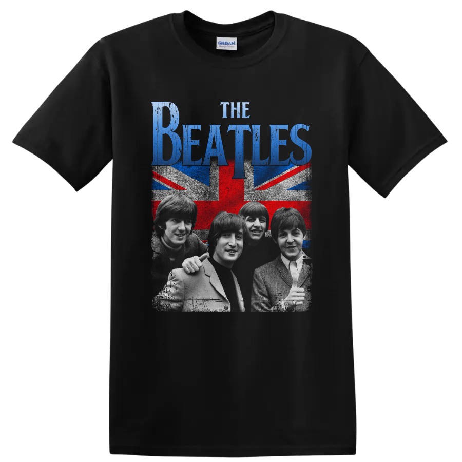 The Beatles portrait with distressed Union Jack and blue band lettering on a Black T Shirt