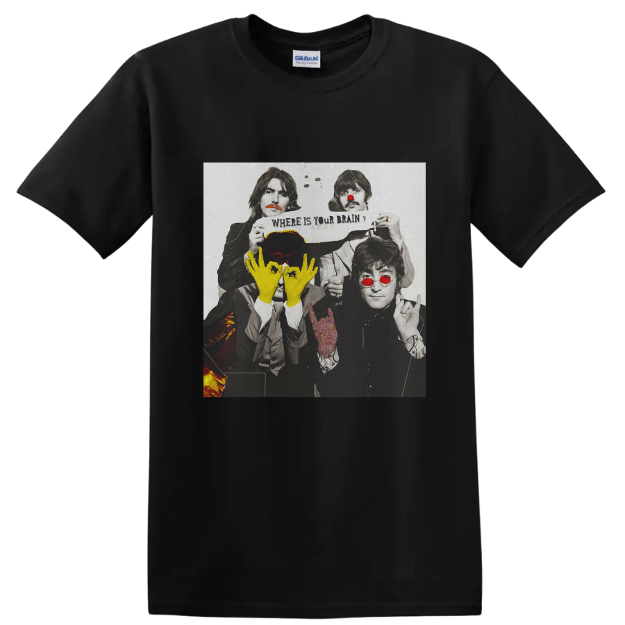 The Beatles Lennon and McCartney distressed pop art portrait with yellow hand symbols on a Black T Shirt