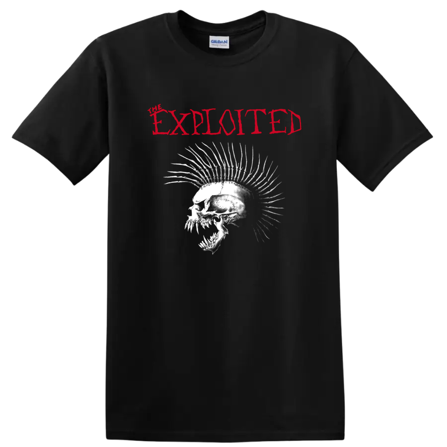 The Exploited red logo above distressed white skull with dramatic mohawk spikes on a Black T Shirt