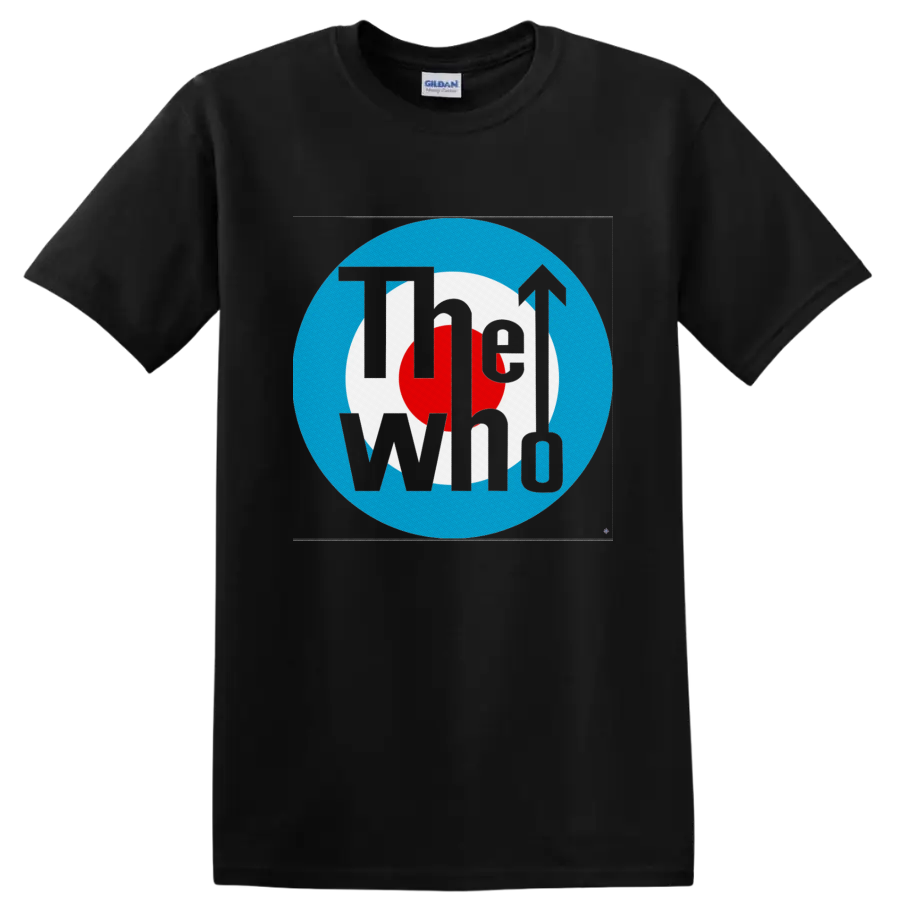 The Who black logo over red, white, and blue mod target emblem with arrow on a Black T Shirt