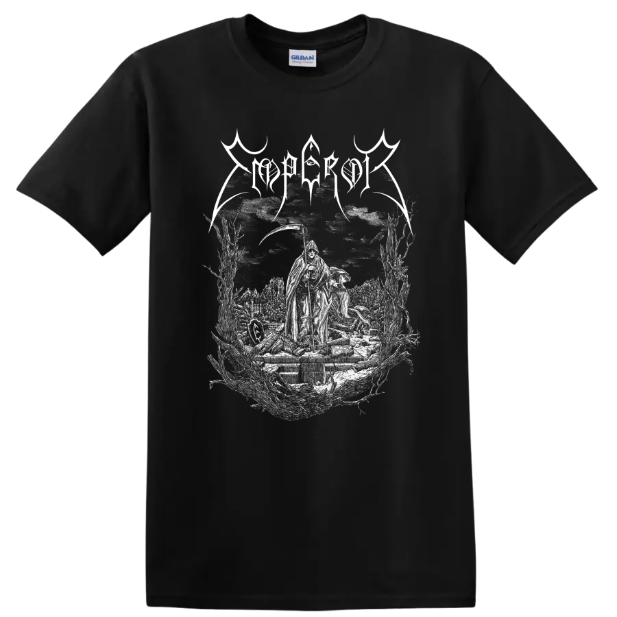 Mgła Age of Excuse hooded figure and graveyard gothic illustration on a Black T Shirt