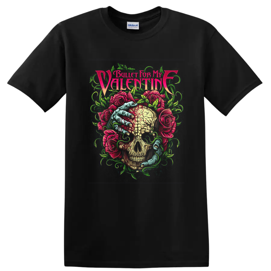 Bullet for My Valentine skull and roses neon rock metal graphic on a Black T Shirt
