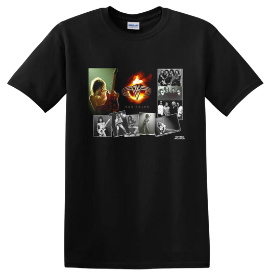 Van Halen fiery winged VH logo with guitar player in vintage rock graphic style on a Black T Shirt