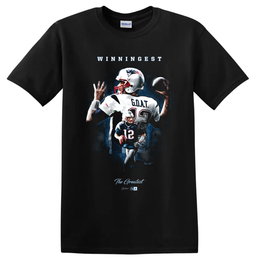 Tom Brady Patriots number 12 football collage with WINNINGEST and GOAT text on a Black T Shirt