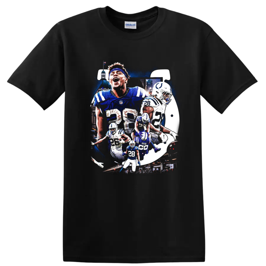 Jonathan Taylor Indianapolis Colts No. 28 football action collage with helmet art on a Black T Shirt