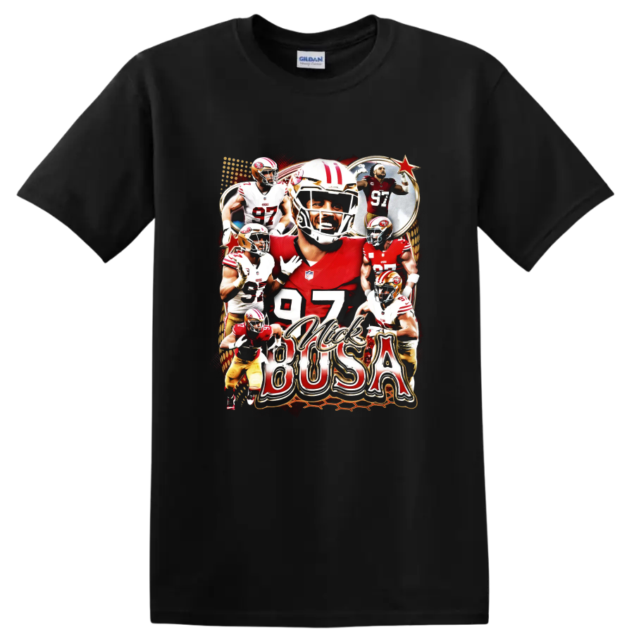 Jimmy Garoppolo San Francisco 49ers football collage with number 97 and red gold action on a Black T Shirt