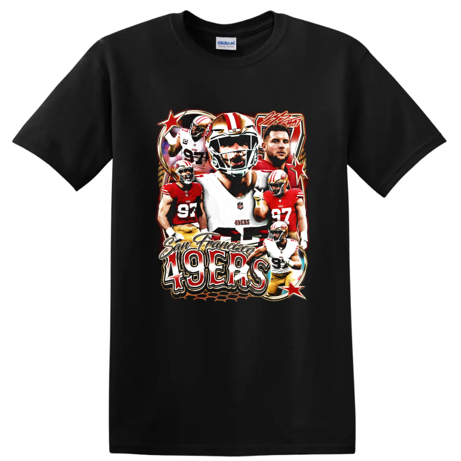 George Kittle, Christian McCaffrey and Nick Bosa 49ers football collage with 49ers text on a Black T Shirt