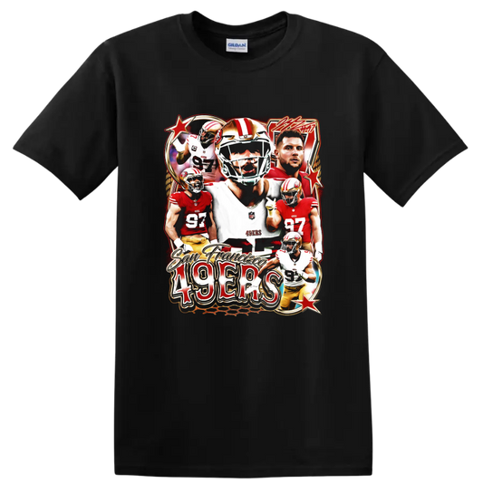 George Kittle, Christian McCaffrey and Nick Bosa 49ers football collage with 49ers text on a Black T Shirt