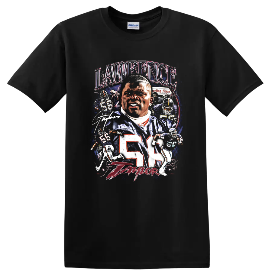 Lawrence Taylor New York Giants number 56 football collage with lightning and action art on a Black T Shirt
