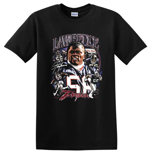 Lawrence Taylor New York Giants number 56 football collage with lightning and action art on a Black T Shirt