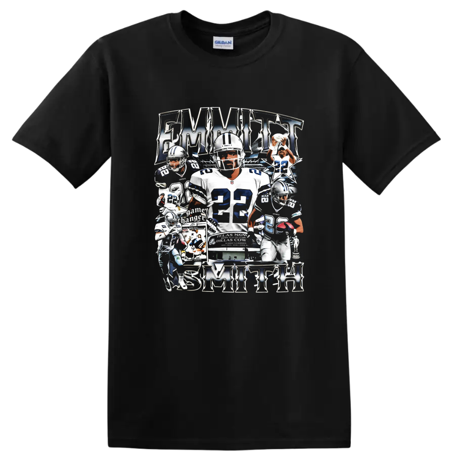 Emmitt Smith Dallas Cowboys number 22 vintage football collage with stars on a Black T Shirt