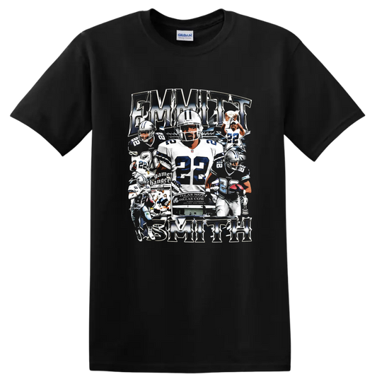Emmitt Smith Dallas Cowboys number 22 vintage football collage with stars on a Black T Shirt