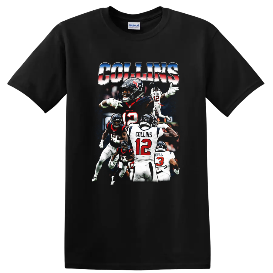 C.J. Stroud and Nico Collins Houston Texans football action collage with COLLINS text on a Black T Shirt