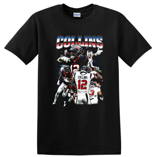 C.J. Stroud and Nico Collins Houston Texans football action collage with COLLINS text on a Black T Shirt