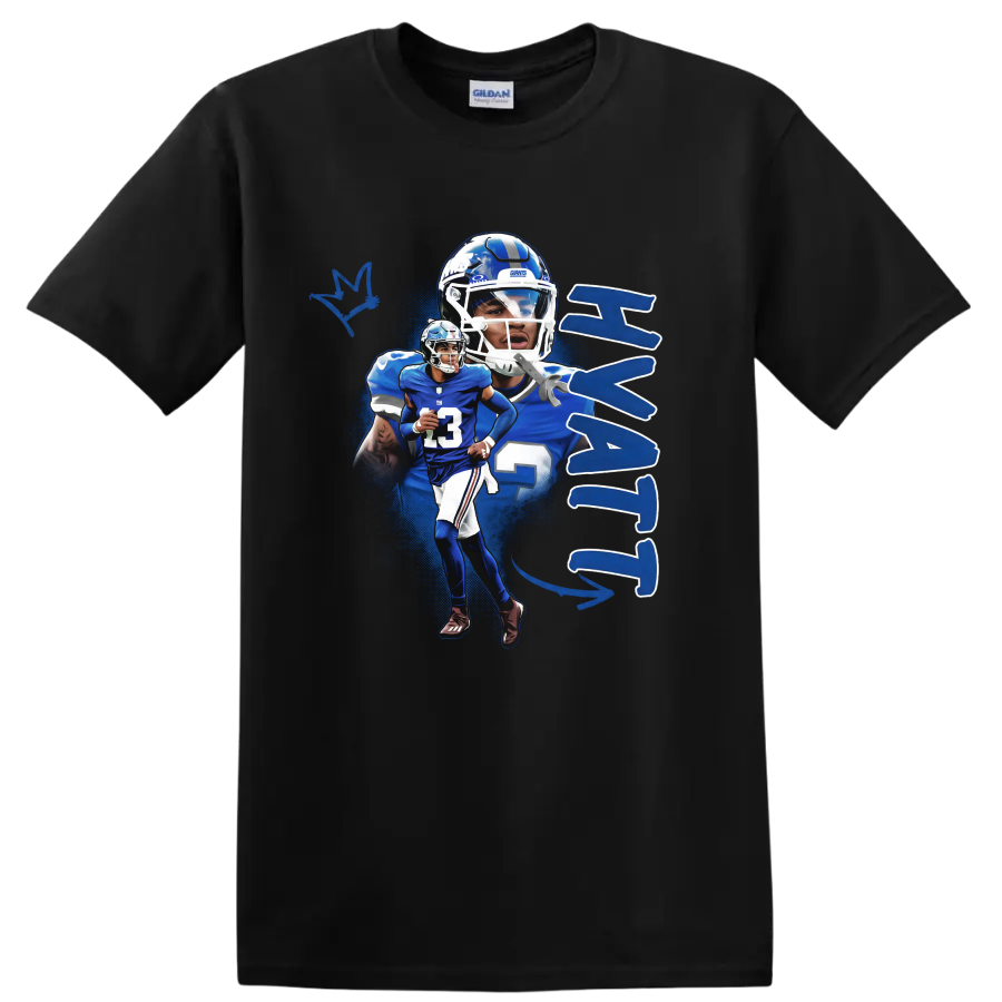 Jalin Hyatt New York Giants football action collage with number 13 and blue paint splashes on a Black T Shirt